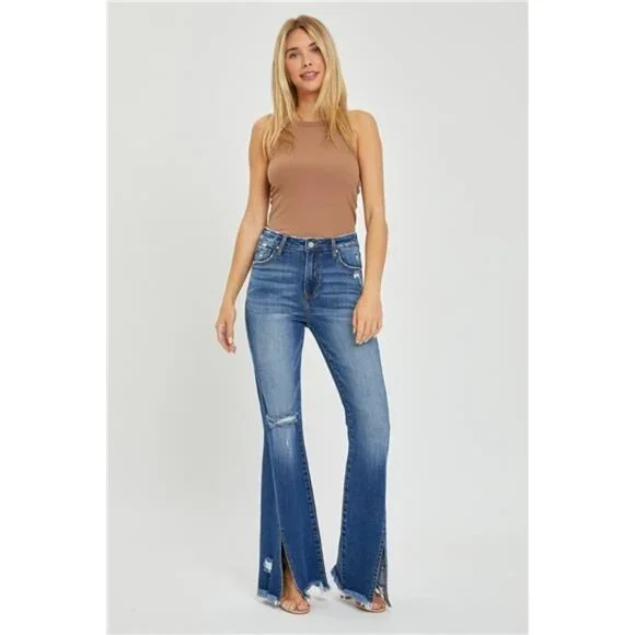 NWT RISEN High Rise Front Slit Frayed Hem Flare Jeans, Some Stretch, Distressed - Picture 5 of 6